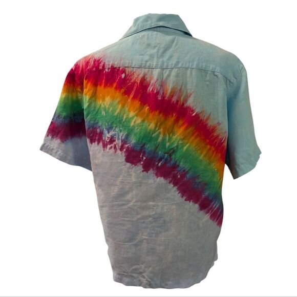 Women's 90s vintage blue linen rainbow‎ tie dye button up short sleeve top - Picture 4 of 6
